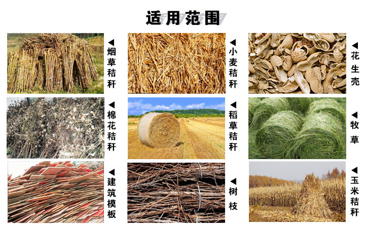 煙桿顆粒機原料：煙草秸稈、玉米秸稈、小麥秸稈等